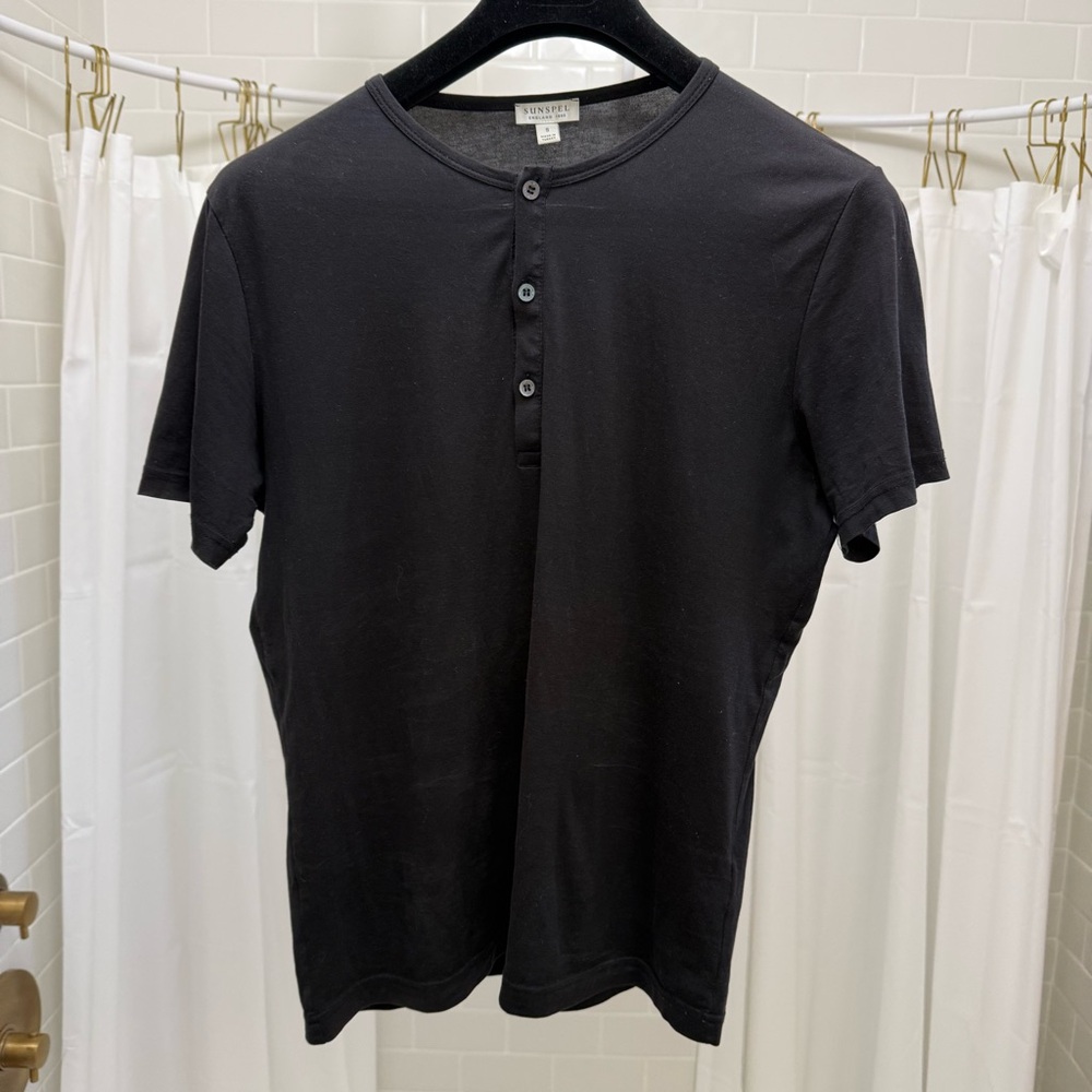 Sunspel Black Short Sleeve Henley Shirt
